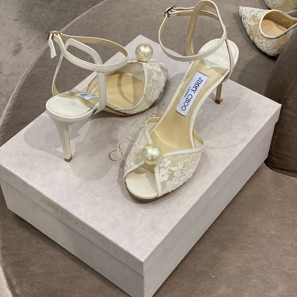 Jimmy Choo Ivory Lace Heels with Pearl Accent